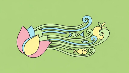 Colorful Floral Illustration with Swirling Patterns on Green Background