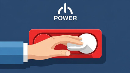 Hand Turning Red Switch to Activate Power Button on Dark Blue Background