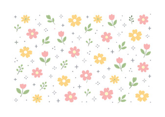 Fototapeta premium Seasonal Floral Pattern. Seasonal floral patterns and backgrounds. Repeating pattern of simple flowers and leaves evenly spaced on a clean background, gentle