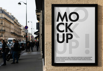 Urban city poster frame mockup on brick wall