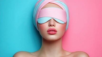 World Sleep Day concept. Young woman resting with sleeping mask, expressing balance between night calmness, recovery needs, and modern sleep awareness