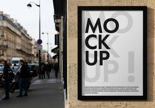 Urban city poster frame mockup on brick wall