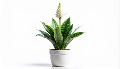 Sansevieria trifasciata snake plant with a rare white flower stalk in a minimalistic white ceramic pot on a solid white background. Indoor plant and botanical rarity concept