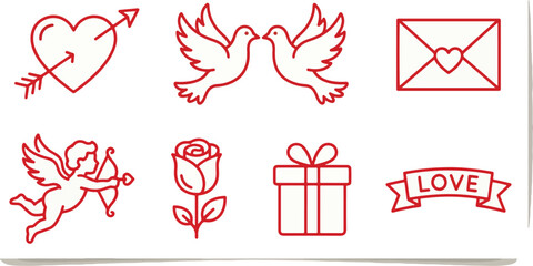  Happy Valentines Day 2026 Greeting Card with Red Line Art Heart Icons and Calligraphic Lettering Vector Illustration