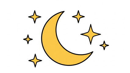 Yellow Crescent Moon with Stars Isolated on White Background