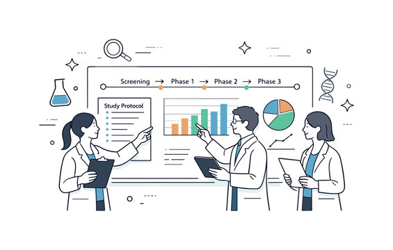 Structured Research Analysis. Clinical research management. Researchers reviewing study timelines, protocols, and data charts on a clean board. Calm
