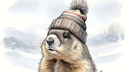 Curious otter in winter hat