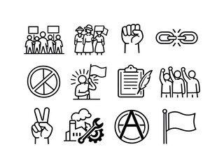 Historical Movement Icons. Historical Movements. Line icon set of Historical Movements: civil rights march, suffrage movement, labor union fist, abolition