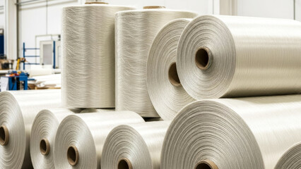 Large rolls of fiberglass fabric stacked inside manufacturing warehouse, prepared for storage and distribution. Concept of modern production, logistics, supply chain operations in factory environment