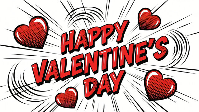 Pop Art Comic Style Happy Valentine's Day Greeting With Red Halftone Hearts and Explosive Speed Lines Background