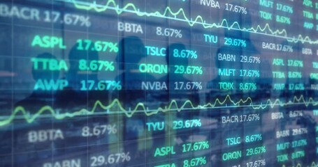 Animation of financial data and graphs over cityscape and people silhouettes - Powered by Adobe