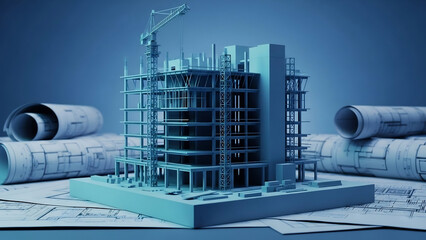 Building model intensely shows construction plans in blue