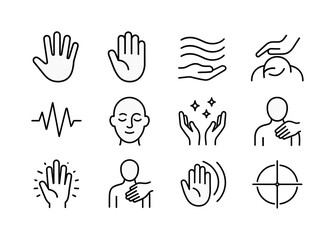 Touch Therapy Icons. Touch therapy. Line icon set of Touch therapy: palm print, open hand, calm lines, massage symbol, energy pulse, peaceful face, hands with