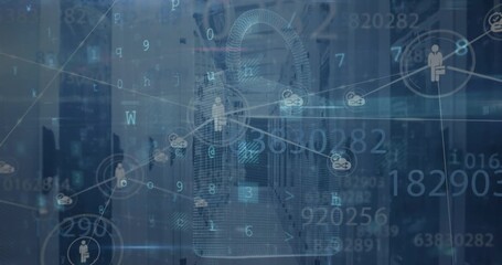 Animation of digital interface with network of connections over server room - Powered by Adobe