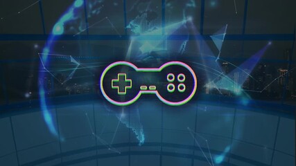 Animation of gamepad icon over network of connections and globe - Powered by Adobe