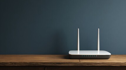Modern wireless router with antennas and indicator lights on a wooden table