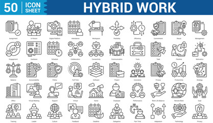 Hybrid Work outline style Icon Set Collection Concept With Icon Of assignment, in person, digital platform, attendance, workspace, result, management, and more. Illustration eps