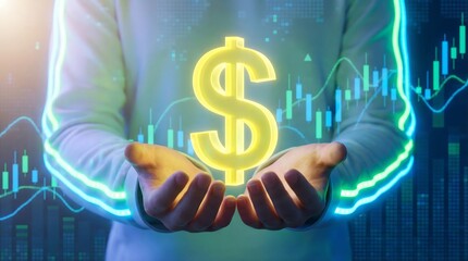 Businessman Holding Dollar Sign with Neon Lines and Graphs