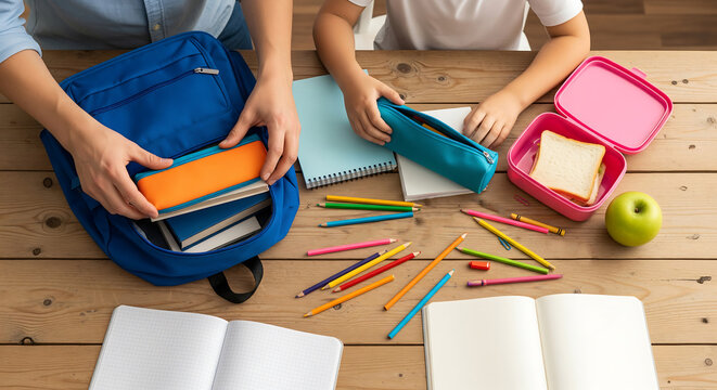 Overhead view back to school parent and child hands preparing school supplies and lunch on a wooden table, packing a backpack for the day ahead.