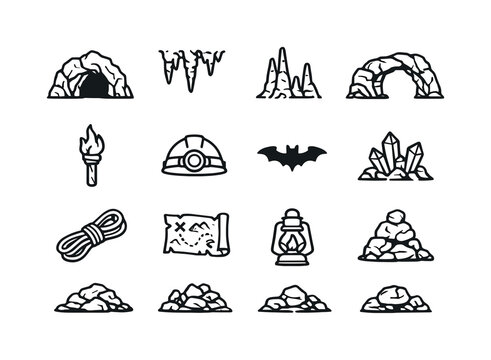 Cave Exploration Icons. Caves and caverns. Line icon set of caves and caverns: cave entrance, stalactites, stalagmites, rock arch, torch, helmet light, bat