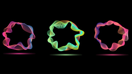 Neon Gradient Abstract Sound Wave Ring Set on Black Background &ndash; Colorful Music Equalizer Circle Collection for Audio Visualizer, DJ, Festival, Technology, UI, and Futuristic Design