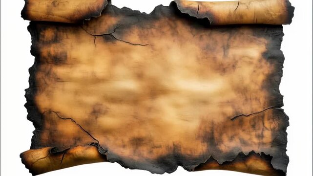 A burned piece of blank textured paper parchment scroll, frayed at the edges, rolling open and the camera zooming out