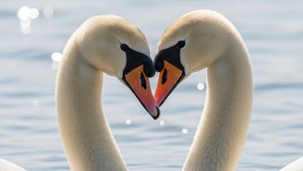 Fototapeta premium Mute Swans Forming A Heart Shape With Their Elegant Necks On Sparkling Water, A Symbol Of Love And Romantic Partnership.