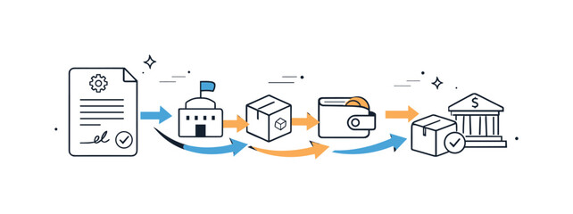 Smart Contract Flow. Automated contract execution. Smart contract triggering actions shown as flowing arrows between blocks, smooth and reliable process.