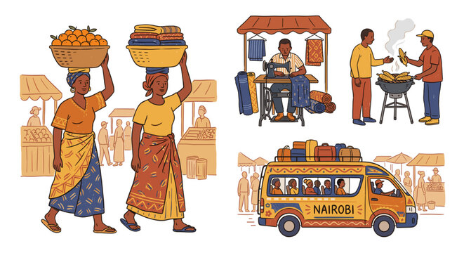 Vector illustration of Africa local flavor featuring market women carrying baskets, street tailor sewing, men roasting corn maize, and public transport bus matatu in Nairobi style.