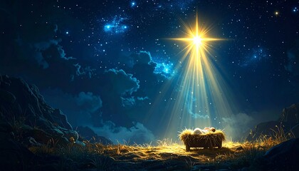 Night scene shows a celestial star shining down on a manger with a baby inside