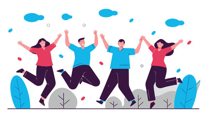 Four diverse people jumping with arms raised celebrating success illustration