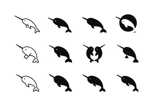 Marine Mammal Logos. Marine mammals. Icon set. Set Logo of Marine mammals: narwhal tusk shape. harmonious logo variations of the same emblematic concept, each