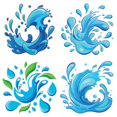 Set of 4 Blue Water Splash and Wave Vector Illustrations