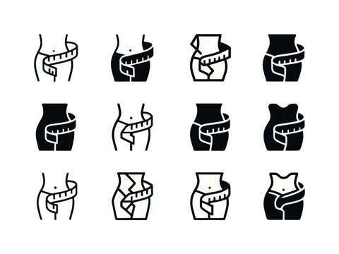 Fitness Logo Icons. Fitness assessments and body measurements. Icon set. Set Logo of fitness assessments and body measurements: measuring tape. harmonious logo
