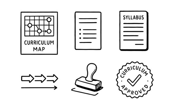 Curriculum planning elements: map, checklist, syllabus, and approval stamp in linear style