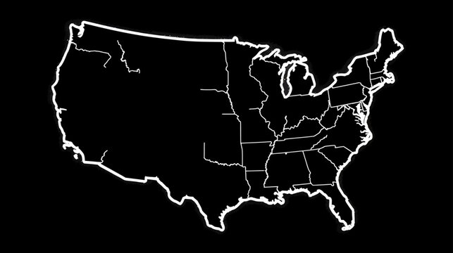 Geometric outline map of the contiguous United States with state borders on a black background, perfect for data visualization and design