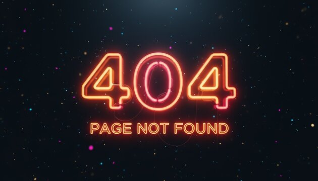 Glowing neon sign displaying a 404 page not found error message against a dark, particle filled background, representing internet connection problems or website technical issues