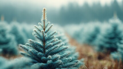 In a field of planted trees, a dense blue-green fir stands out. Other similar trees are visible in the background, creating a pattern of repeating shapes