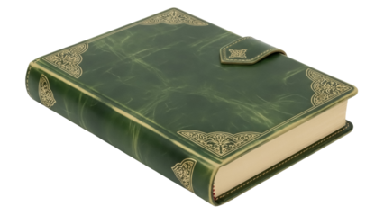 Isolated journal with green leather cover and gold embellishments on a solid surface