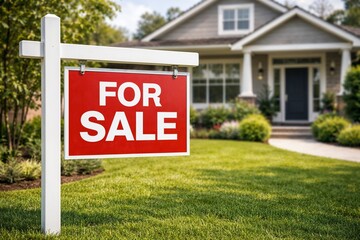 For Sale Sign in Front of Residential House, Real Estate Property Listing Concept