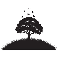 Silhouette of a tree with butterflies isolated on white background, Vector, illustration