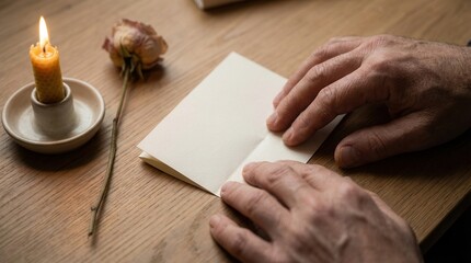 Male hands folding a small cream paper card on a wooden table, next to a lit beeswax candle and a dried rose. Creating an intimate and nostalgic moment.