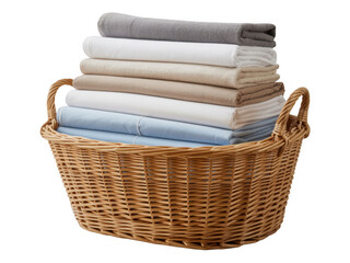 Obraz premium Wicker basket with stacked colorful towels laundry isolated on a transparent background