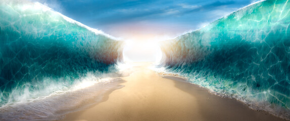 Dramatic passage opened between massive towering ocean waves on sandy seabed under bright ethereal light source