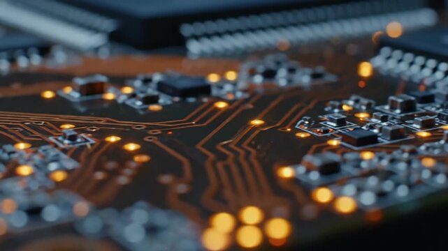 Close-up of computer circuit board showcasing technology, electronics and semiconductors with intricate patterns and orange lighting.