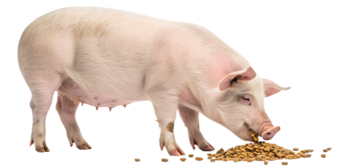 Ultra realistic pig eating animal feed, full body or medium shot, pig chewing food calmly, natural posture, realistic skin texture, soft studio lighting, neutral expression, farm livestock animal, iso