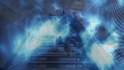 Animation of cityscape and light spots over diverse business people