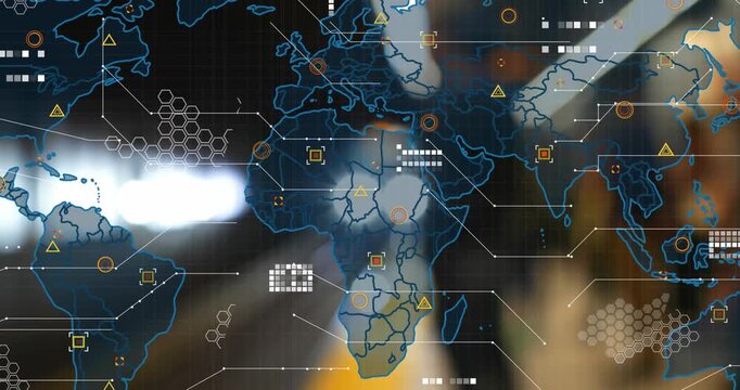 Animation of world map with data processing over underground train arriving at metro station
