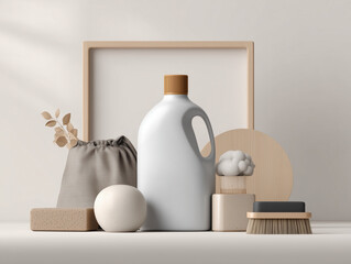 Modern home decor arrangement with minimalist objects on table  