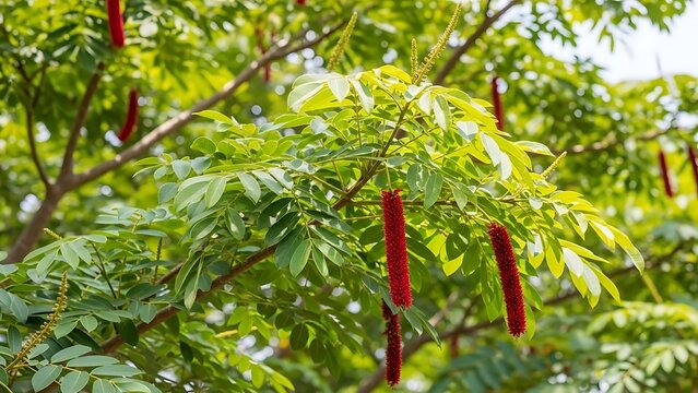 Close-up view of sumac tree with red flowers in a sunny outdoor environment